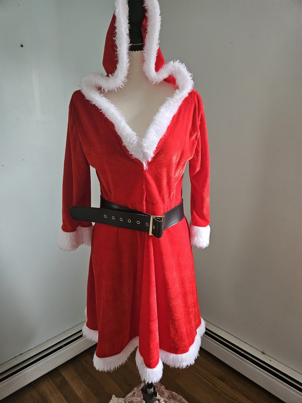 Festive Red Hooded Faux-Fur Trim Coat Dress.  Santa Baby